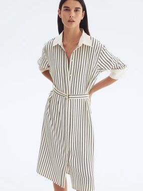 H&M Cream Shirt Midi Dress with Black Stripes